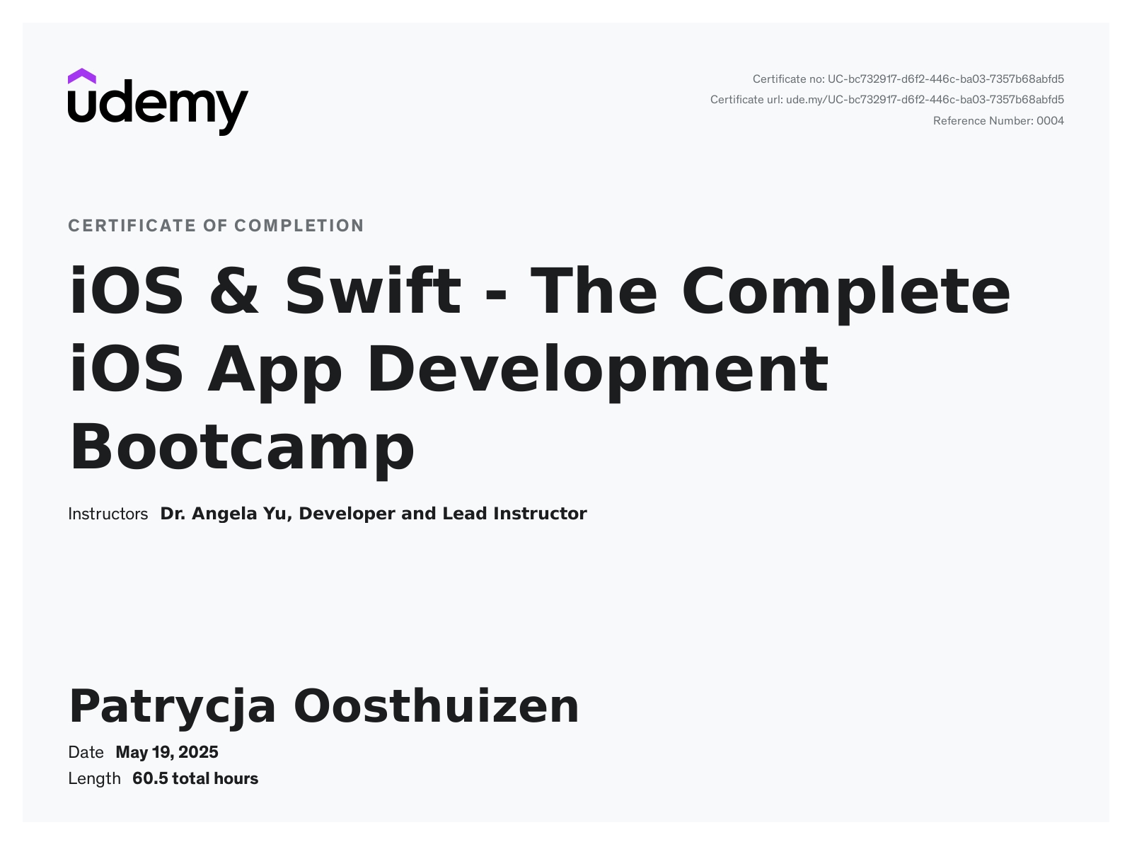 Patrycja's iOS & Swift certificate
